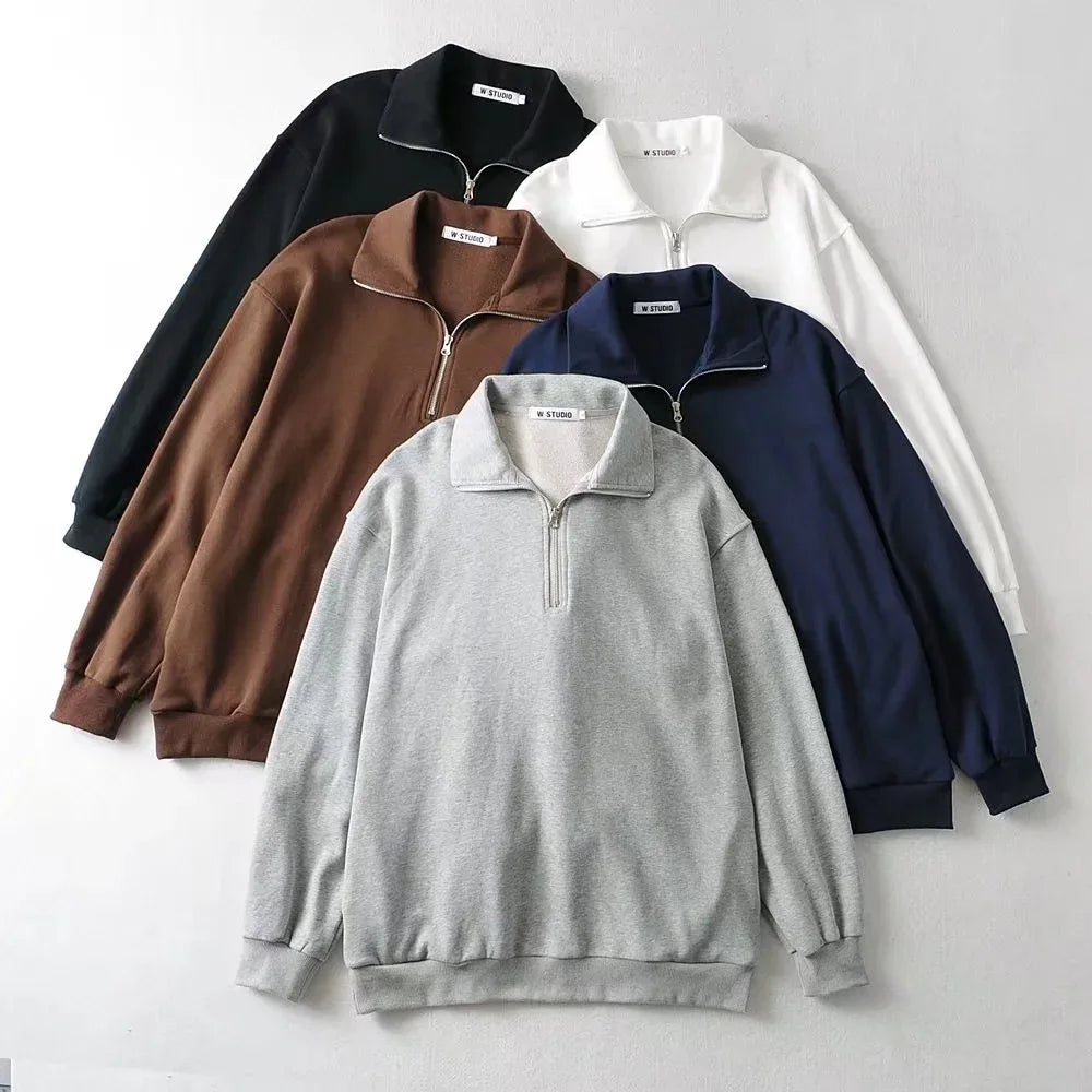 Koisoon Half Zip Up Vintage Sweatshirts Women Long Sleeve Cotton Casual Tops Oversized Street Fashion Pullover Sweats