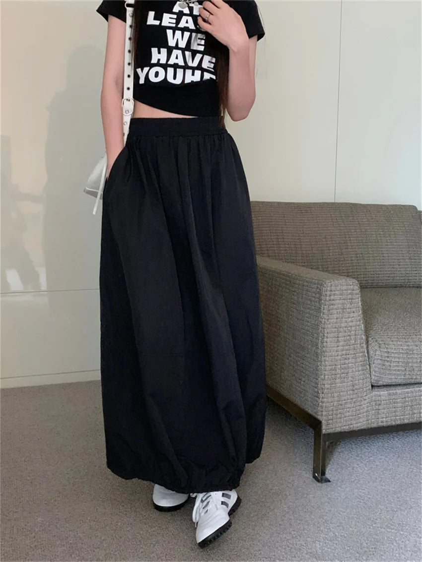 Koisoon New Design Solid Long Skirts Women Drawstring OL Pockets Stylish Summer High Street Vintage Loose Minimalist