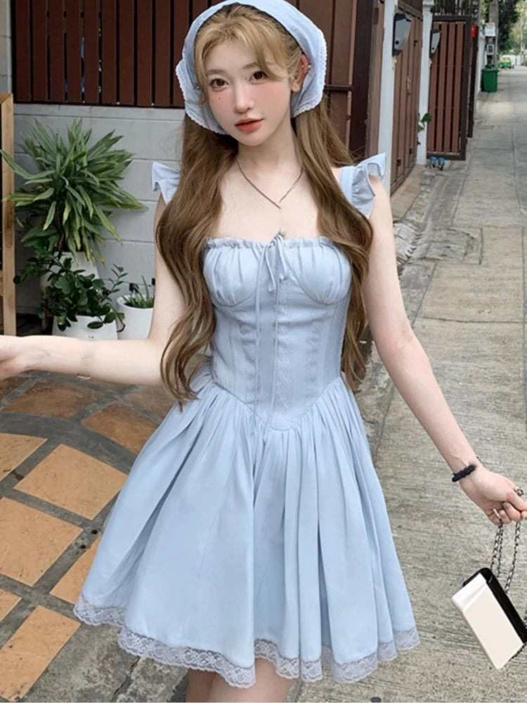 Koisoon Y2K Pleated Mini Corset Dress Women Square Collar Lace Patchwork Off Shoulder New Summer Party Dresses Kawaii A-line Vestidos