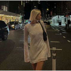 Koisoon Sexy Sequin Backless Party Dress Women Fashion Flare Sleeve O-neck Pleat Female Evening Dresses Club Glitter Lady Mini Robe