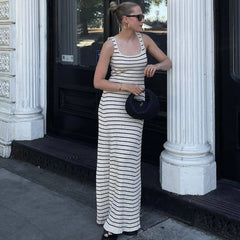 Koisoon Black White Striped Knitted Beach Dress Women Elegant Casual Sleeveless Loose Long Dresses Summer Holiday Vacation Outfits 2024