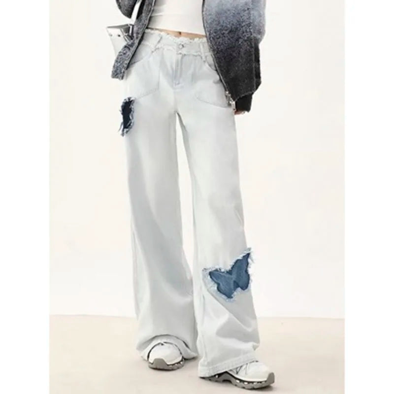 Koisoon Autumn And Winter High-waisted Jeans For Women's Streetwear Vintage Butterfly Patchwork Denim Pants Ragged Wide Leg Jeans