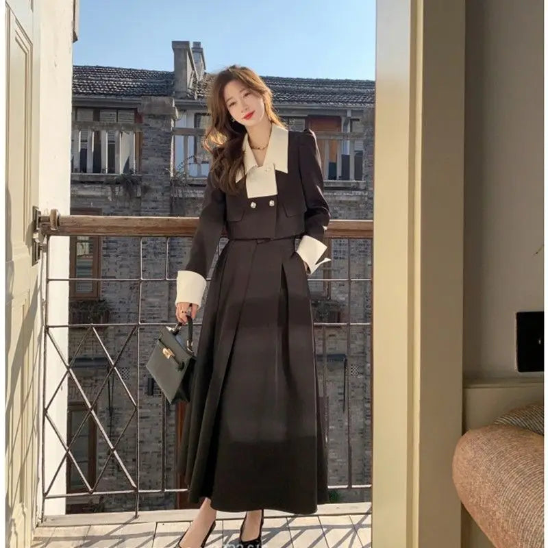 Koisoon Autumn Elegant 2 Piece Dress Set Women Slim Vintage Party Office Lady Korean Suit Long Sleeve Crop Tops + Casual Midi Skirt