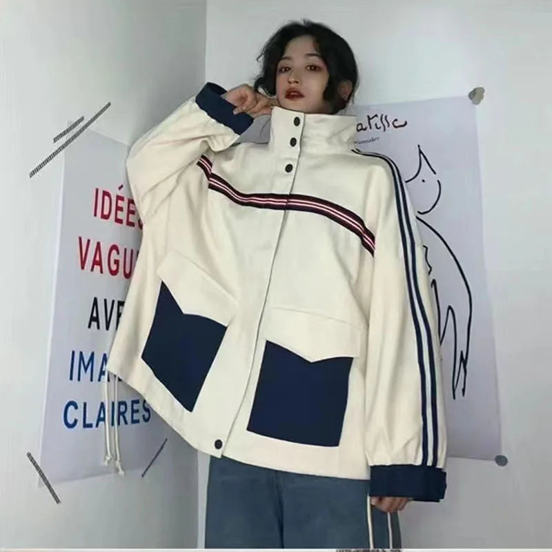 Koisoon Patchwork Jacket Women American Loose Streetwear Blue and White Zipper Clothes Casual Chic Long Sleeve Harajuku Outwear