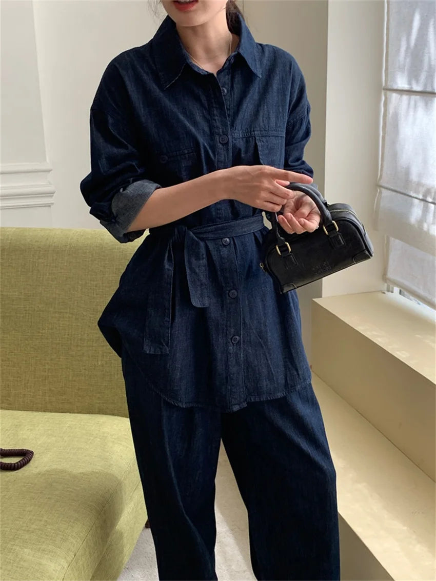 Koisoon Minimalist Women Denim Suit Vintage Loose Chic Slim Coats Autumn Daily Wide Leg Office Lady High Street Casual Pants