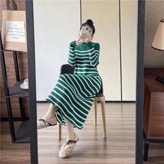 Koisoon Striped Knitted Robe Dresses Clothing For Women Autumn Winter Vintage Casual A Line Long Sleeve Maxi Sweater Dress Female