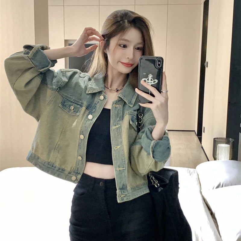 Koisoon Women Denim Jacket Vintage Korean Streetwear Loose Long Sleeve Coats Autumn Casual Female Patchwork Cropped Outwear New