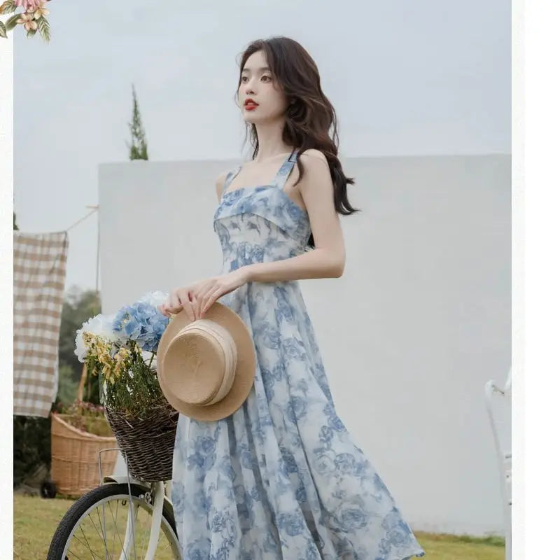 Koisoon Vintage Floral Two-piece Dress Women Summer Elegant Long Strap Dress Female Korean Style Beach Evening Party Fairy Dresses