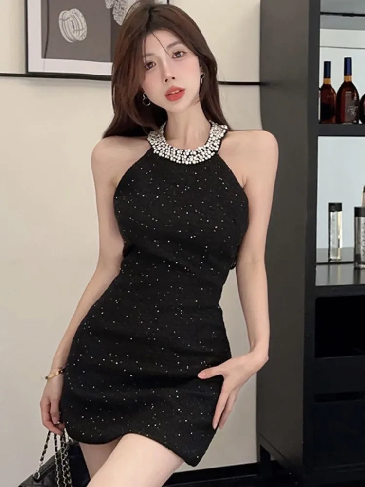 Koisoon Sexy Halter Mini Dress Women Sleeveless Rhinestone Patchwork Shiny Slim Fashion Backless Evening Party Dresses Club Prom Vestido