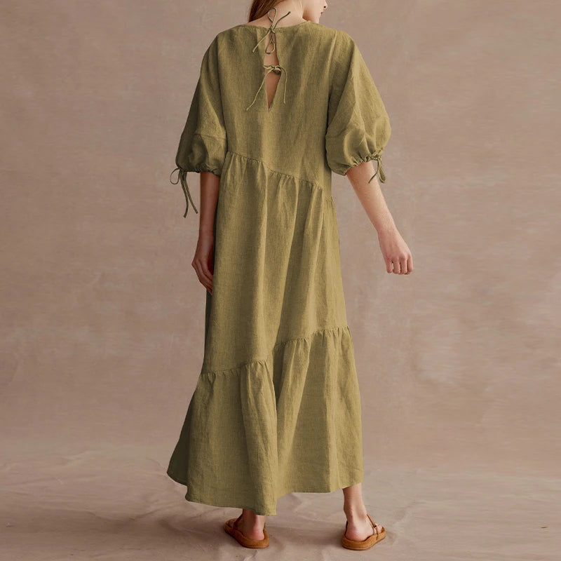 Koisoon Newly French Vintage Elegant Cotton Linen Lantern Sleeve Women Dresses 2023 Summer Casual Solid Tie Loose Maxi Female Dress