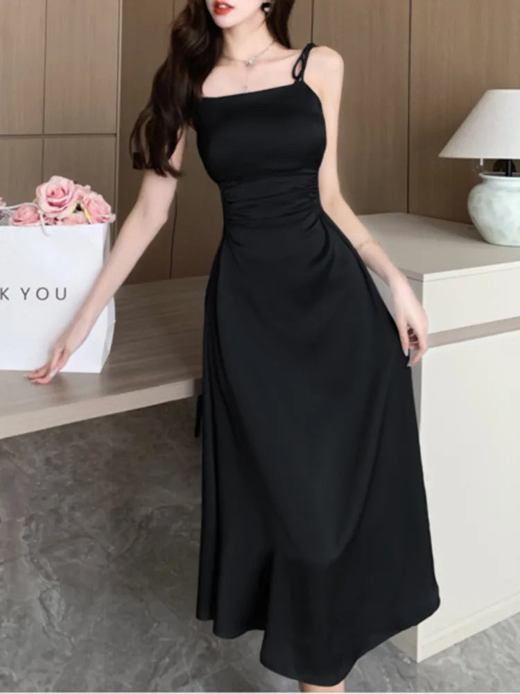 Koisoon Summer Sexy Spaghetti Strap Satin Party Dresses Women Fashion Vintage Bodycon Slim Birthday Vestidos Female Chic Solid Robe