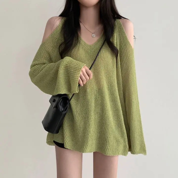 Koisoon Spring Summer Autumn Fashion Casual Solid Hollow Out Pullover Women's Soft Slim Tees Knitted Gentle Sexy Loose Sweater Top