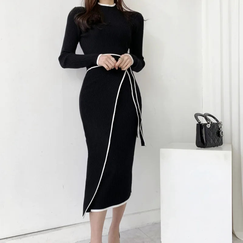 Koisoon Vintage Knitted Bodycon Dress One-Piece Patchwork Slim Woman Long Sleeve Lace Up Midi Dress Elegant Sweater Dresses Autumn