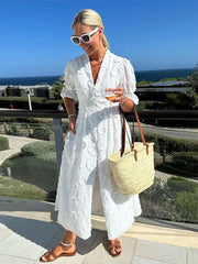 Koisoon Elegant Lace Hollow Out Dress Women V-neck Embroidery Midi Female Party Dresses Summer Single Breasted Split Lady Robe