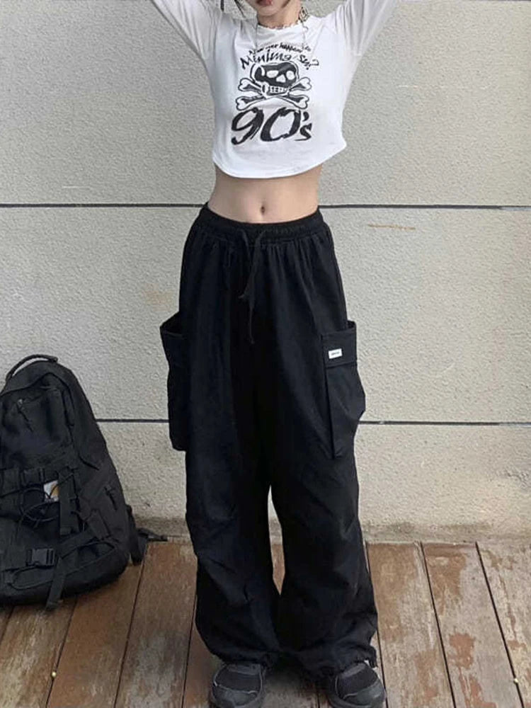 Koisoon 100% Cotton Women Cargo Pants Summer BF Loose Korean Black High Street Student Wide Leg Pants Fashion Pocket Trousers