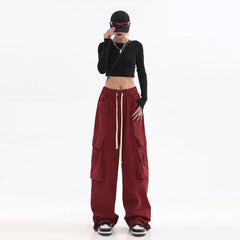 Koisoon Streetwear Vintage Hip Hop Oversize Red Cargo Pants Women Drawstring Elastic Waist Loose Wide Leg Harajuku Casual Trousers