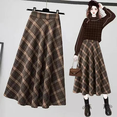 Koisoon Autumn Winter Woolen Skirt Women Korean Style Thick High Waist Long Skirt Woman A Line Pleated Plaid Skirt Female