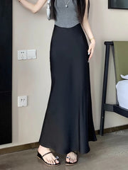 Koisoon Summer Satin Skirt 2024 Women's Long Skirt Silk High Waisted Slim Fashion Korean Solid Champagne Black Midi Skirts for Women