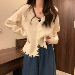 Koisoon French Style Sweater Cardigan Women Long Sleeve V-neck Frayed Sweaters Autumn Winter Cropped Kintted Cardigan Elegant Streetwear