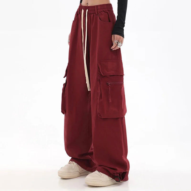 Koisoon Streetwear Vintage Hip Hop Oversize Red Cargo Pants Women Drawstring Elastic Waist Loose Wide Leg Harajuku Casual Trousers