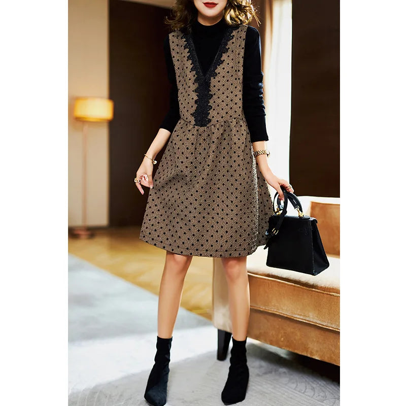 Koisoon Vintage Polka Dot Jacquard Patchwork a-Line Dress Spring New Women's Long-Sleeved Fake Two Mini Dresses Sweet Party Robe