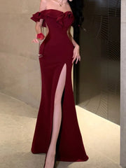 Koisoon Sexy Bodycon Long Dresses for Women Wedding Evening Party Prom Robe Ruffles Slash Neck High Split Hollow Out Summer New Vestido