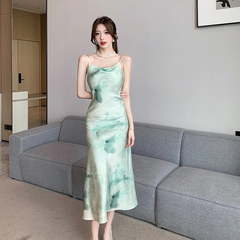 Koisoon Vintage Print Satin Midi Dresses Female Summer French Elegant Chic Swinging Collar Slim Camisole Green Clothes for Women