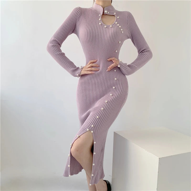 Koisoon Beading Knitted Bodycon Dress Elegant Lady Club Party Dress Autumn Ribbed Sexy Hollow Out Split Midi Dresses Women Robes