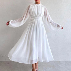 Koisoon Fashion Half High Collar Mesh Maxi Dress 2024 Women Solid Pleated Bridesmaid Dress New Spring Elegant Long Sleeved Waist Dresses