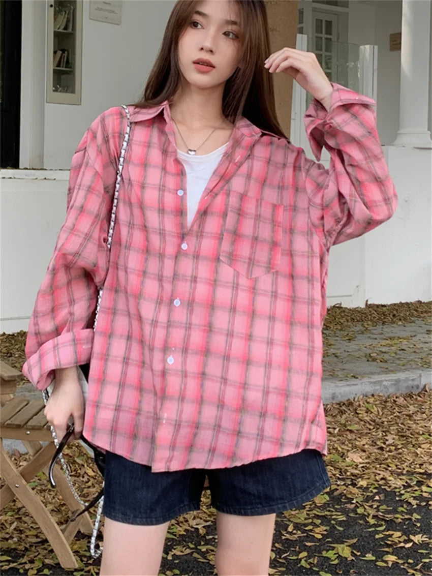 Koisoon Autumn Stylish Loose Shirts Plaid Women Chic Casual New Full Sleeve All Match Classic Daily Work Wear Tops