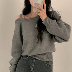 Koisoon Women Sweater Korean Edition Autumn New Style Design Puff sleeve Side off-Shoulder Casual Loose Solid Long Sleeve Knit