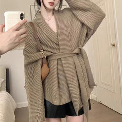 Koisoon Women Cardigan Sweater Autumn Korean Fashion Bandage Loose Knitted Coats Casual Female All Match Long Sleeve Jacket New