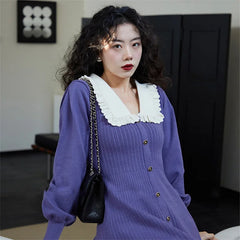 Koisoon Women Fashion Lapel Collar Knitting A Line Dress France Vintage Chic Single Breasted Button Lady Autumn Knitwear Dresses