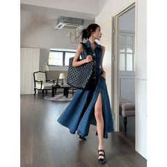 Koisoon Retro Denim Dress Women's Summer New Shirt Collar Hollow Split Waist Long Skirt Sleeveless One-piece Sexy Denim Dresses