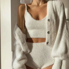 Koisoon Women Two Piece Sets Outfits White Plush Mohair Drill Button Cardigan Coats With Bra Tops And Mini Shorts Matching Sets