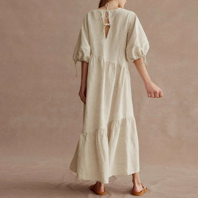 Koisoon Newly French Vintage Elegant Cotton Linen Lantern Sleeve Women Dresses 2023 Summer Casual Solid Tie Loose Maxi Female Dress