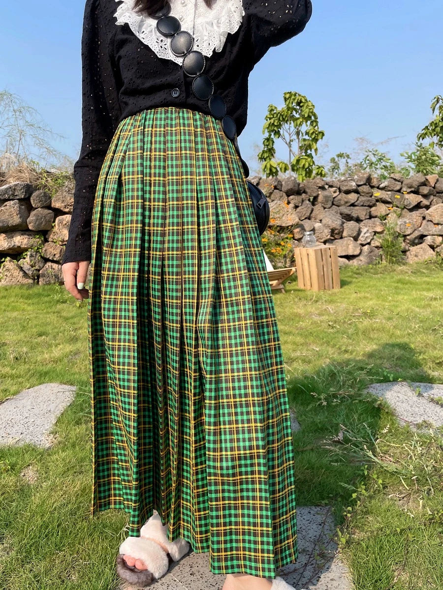 Koisoon Vintage Women Long Plaid Pleated Skirts For Female Thick Casual Loose High Waist A-Line Midi Skirt  Autumn Winter