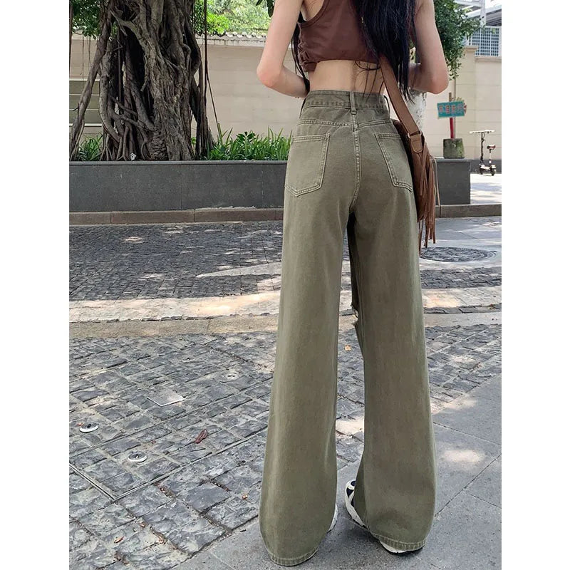 Koisoon Streetwear Women Hole Do Old Y2k Jeans Spring New Korean Fashion Army Green Pants Vintage High Waist Loose Wide Leg Trousers