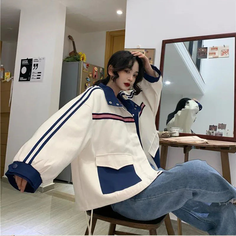 Koisoon Patchwork Jacket Women American Loose Streetwear Blue and White Zipper Clothes Casual Chic Long Sleeve Harajuku Outwear