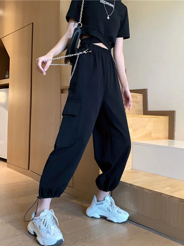 Koisoon Fashion Chain Caro Pants Women Elastic High Waist Sweatpants Black Grey Hip Hop Female Streetwear Drawstring Trousers New