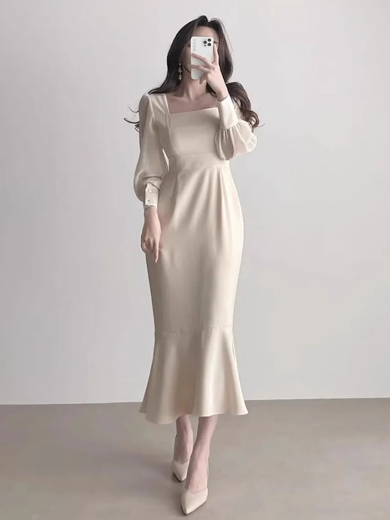 Koisoon Square Collar Vestidos Mujer Korean Chic Tunic Women Dresses Fishtail Dress Long Sleeve Vestido 2024 New Elegant Robes