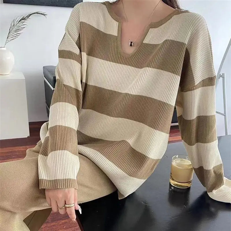 Koisoon Women's Autumn Winter Striped Shirts + Pants Suits Long Sleeve Loose Knitted Sweaters Jumper Tops Y2k 2PCS Set Outfits