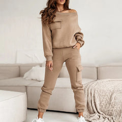 Koisoon Autumn Winter Solid Fleece Sweatshirt Suit Women Casual Off Shoulder Top Pullover & Sweatpants Set Fashion Sportswear Tracksuits