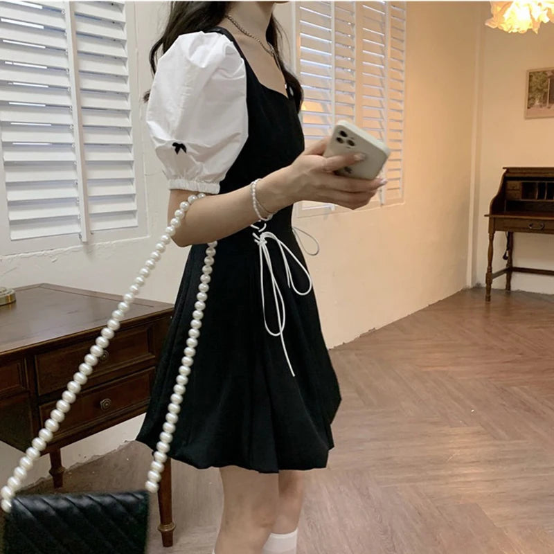 Koisoon Puff Sleeves Women Dress French Patchwork Hepburn Style Mini Dress Y2K Female Fashion Elegant Party Dresses Summer New