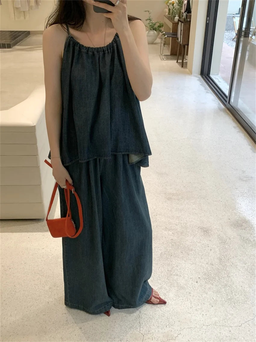 Koisoon Vacation Women Halter New Tank Tops Denim Chic Wide Leg Loose Summer Suit Sweet Casual Office Lady High Street Pants