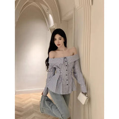 Koisoon Off Shoulder Elegant and Youth Woman Blouses Korean Style Striped Shirt Gyaru Fashion Harajuku Long Sleeve Top Chic Spring