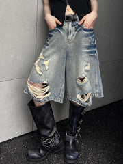 Koisoon American Street Washed Blue Denim Shorts Y2k E-Girl High Waist Loose Wide Leg Jeans 2024 New Hole Straight Knee-Length Pants