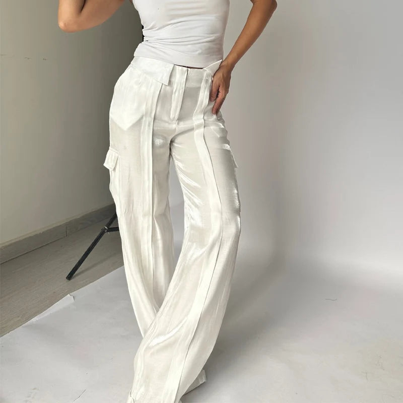 Koisoon 2024 Spring Bright Silk Wide Leg Pants for Women Elegant High Waist Zipper Trousers Autumn Solid Pocket Straight Pant Sweatpants