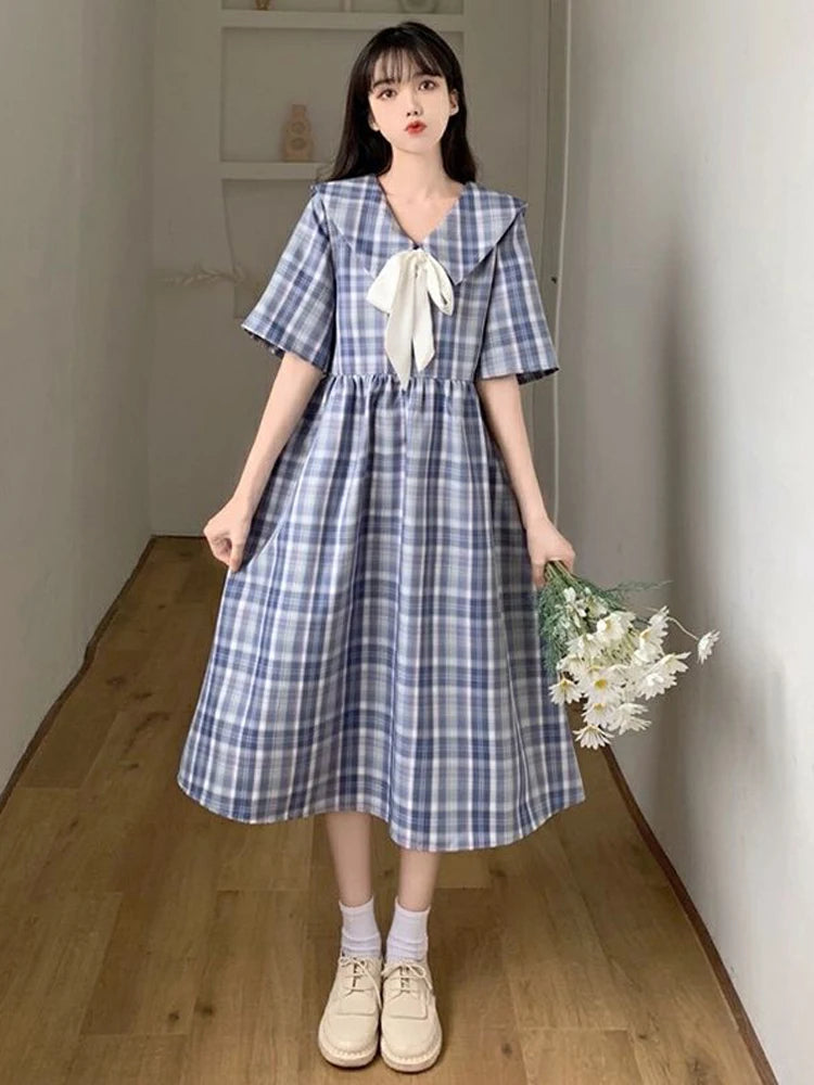 Koisoon Japan Sweet Sailor Collar Plaid Dress Women Fashion Preppy Style Cute Bow Short Sleeve Midi Dress Summer Lace Up Vestidos