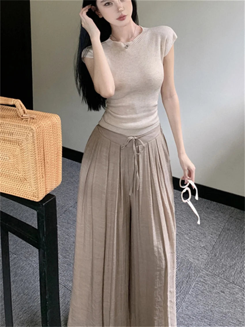 Koisoon Elegant Knitted Skinny T-Shirts Women Chic Slim Short Sleeve Casual Mopping Pants Sets Summer Work Wear Gentle Suits